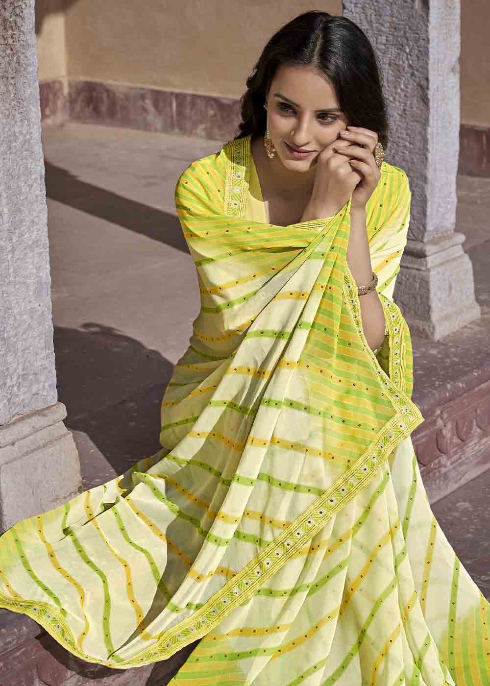 Turmeric Green Yellow Printed Georgette Saree