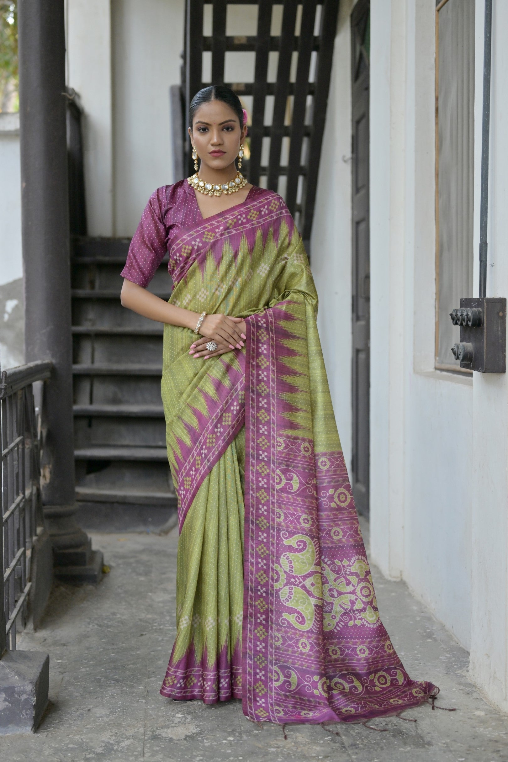 Smoke Green and Purple Printed Tussar Silk Saree