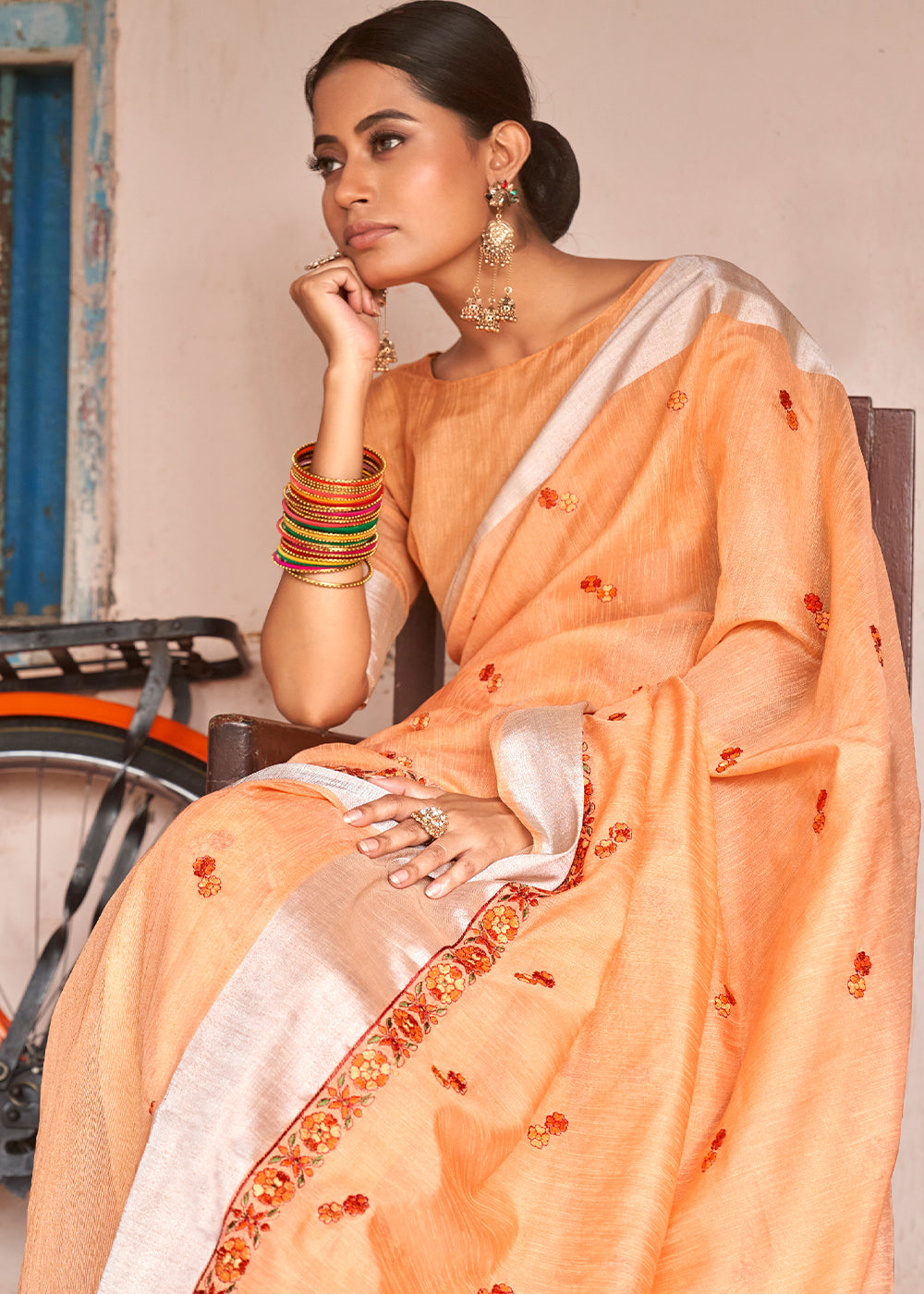 Flesh Orange Floral Embroidered Linen Saree