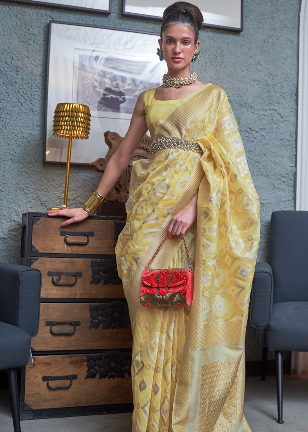 Laser Yellow Woven Banarasi Linen Silk Saree