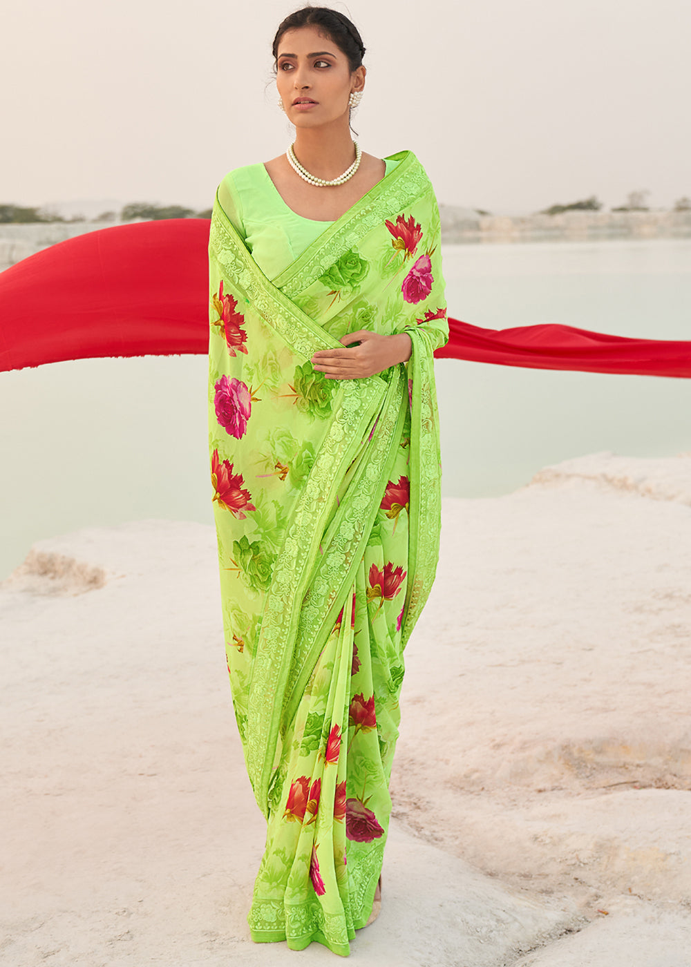 Conifer Green Digital Printed Chiffon Saree