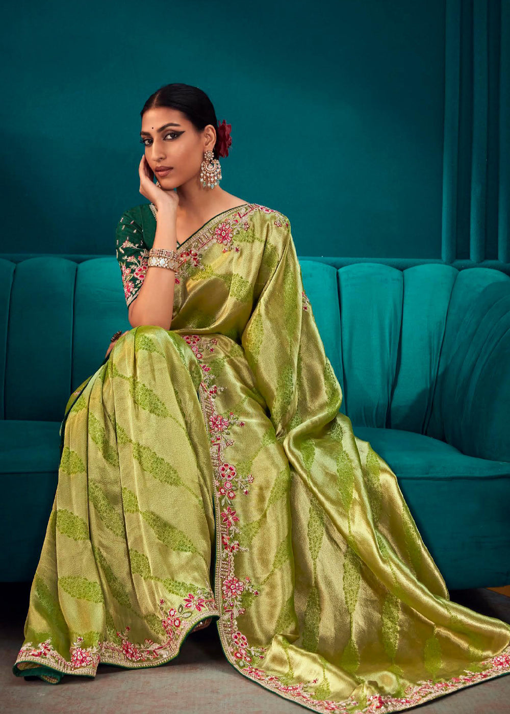 Peridot Green Woven Embroidered Banarasi Silk Saree