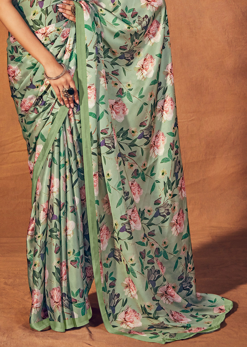 Sprout Green Digital Printed Satin Silk Saree