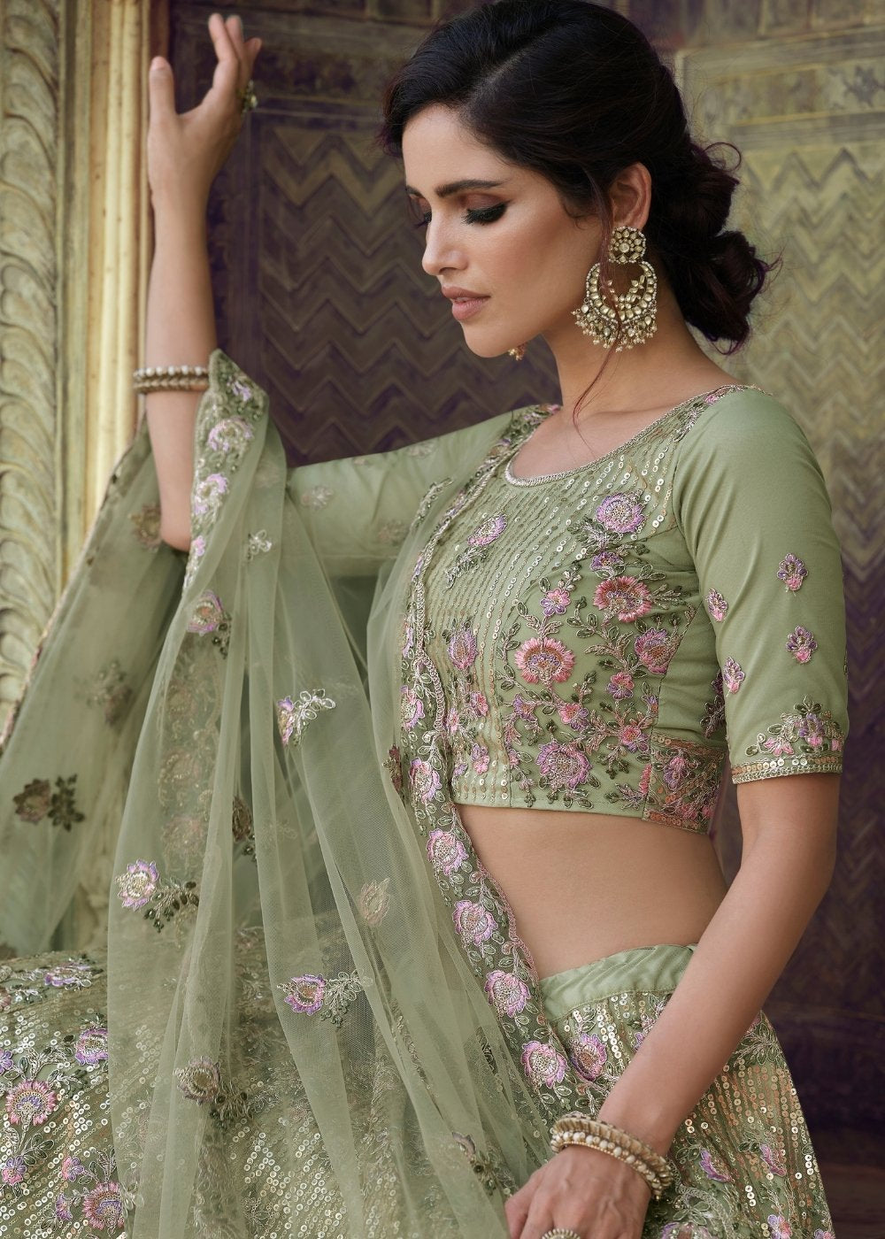 Hillary Green Soft Net Designer Lehenga Choli