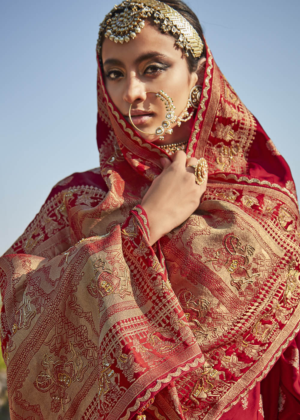 Cedar Red Zari Woven Banarasi Silk Saree with Embroidered Blouse