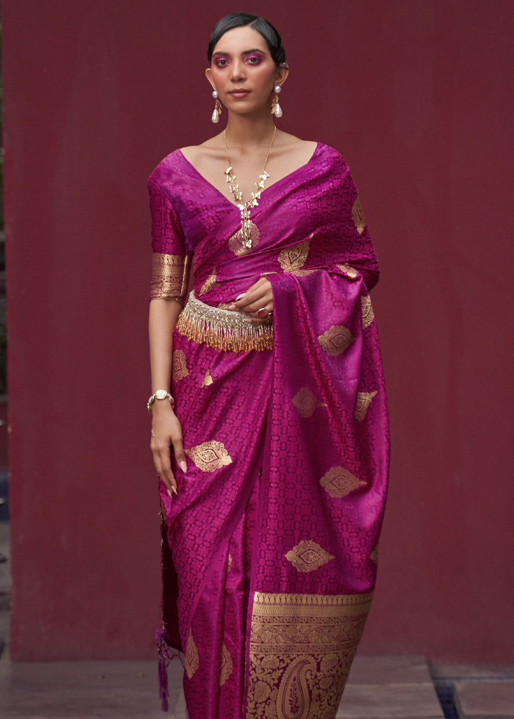 Medium Violet Purple Banarasi Woven Satin Silk Saree