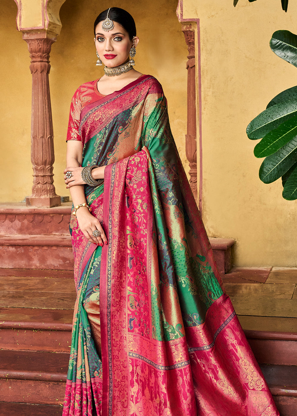 Jade Green and Pink Designer Banarasi Saree