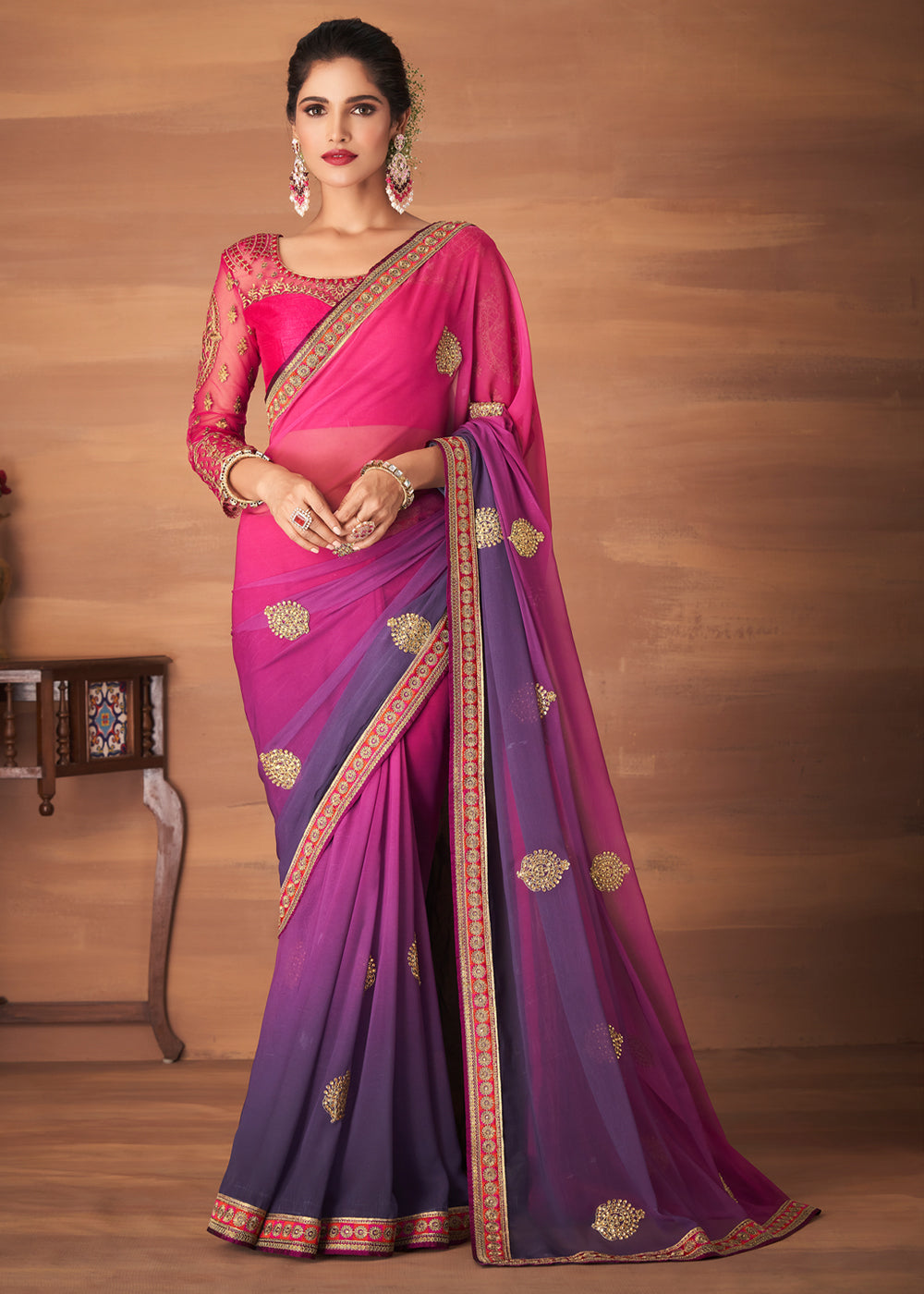 Plum Pink and Purple Designer Saree with Embroidered Blouse