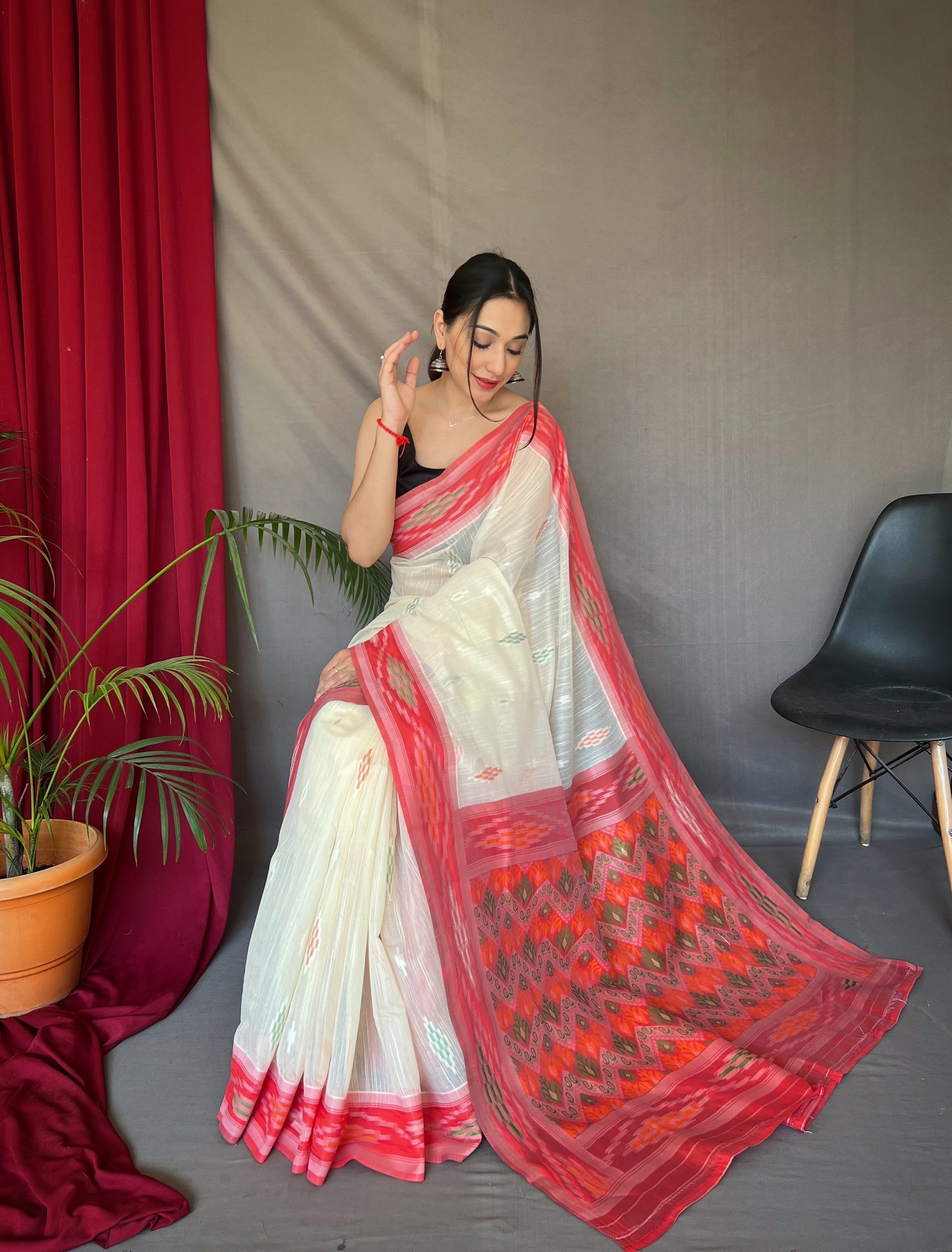 Old Lace White Ikat Woven Cotton Silk Saree