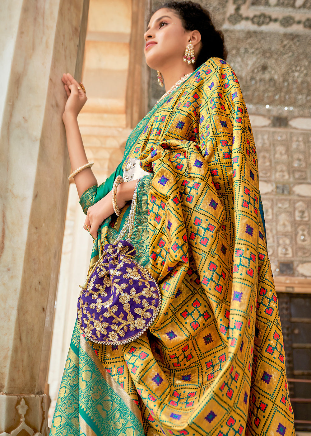 Chenin Yellow and Green Zari Woven Patola Saree