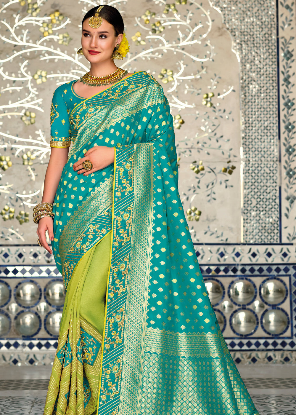 Peridot Green & Blue Zari Woven Designer Banarasi Saree