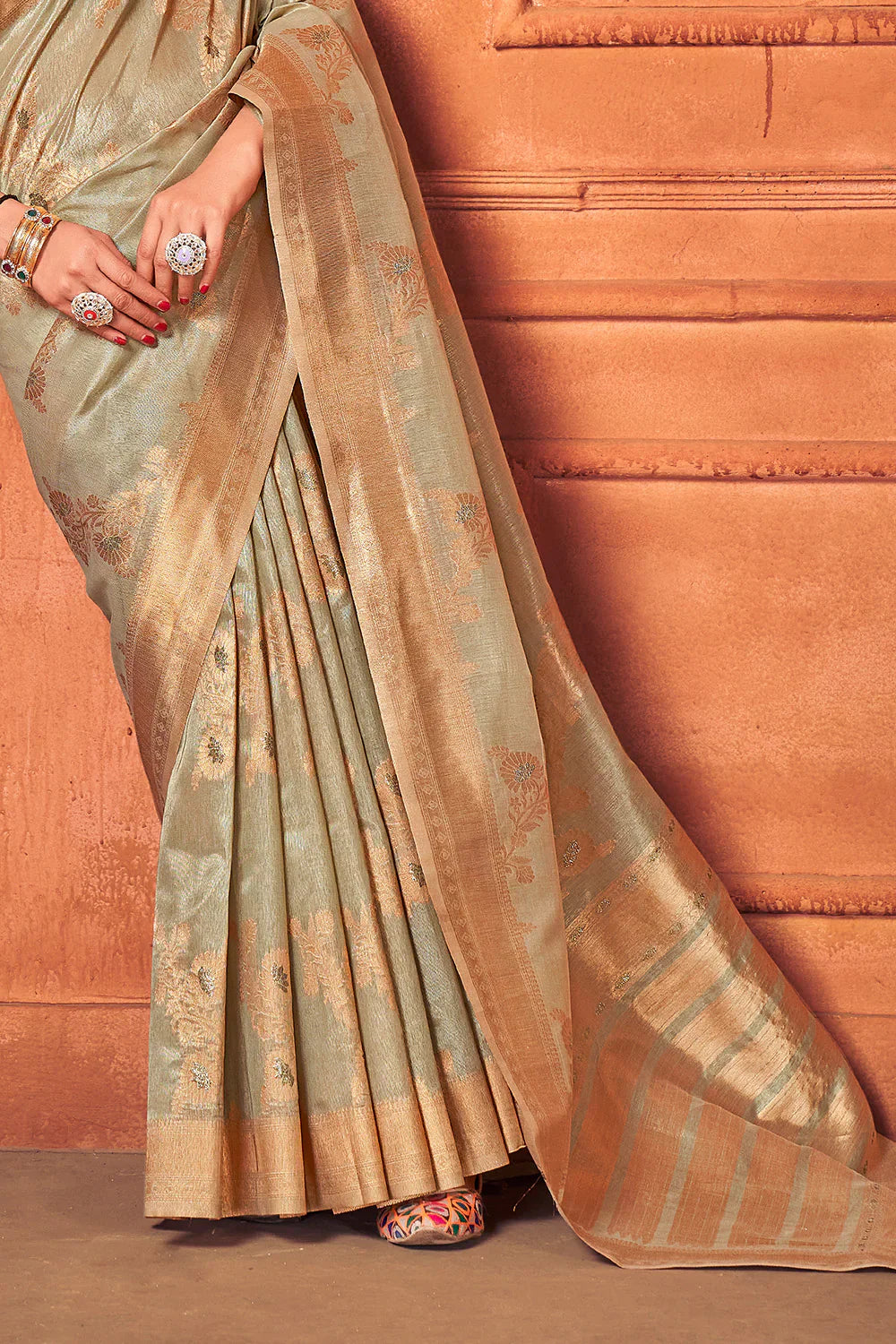 Antique Brass Golden and Grey Cotton Tissue Silk Saree