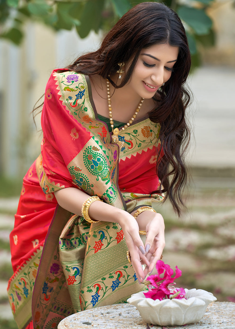 Persian Red and Green Zari Woven Banarasi Paithani Saree