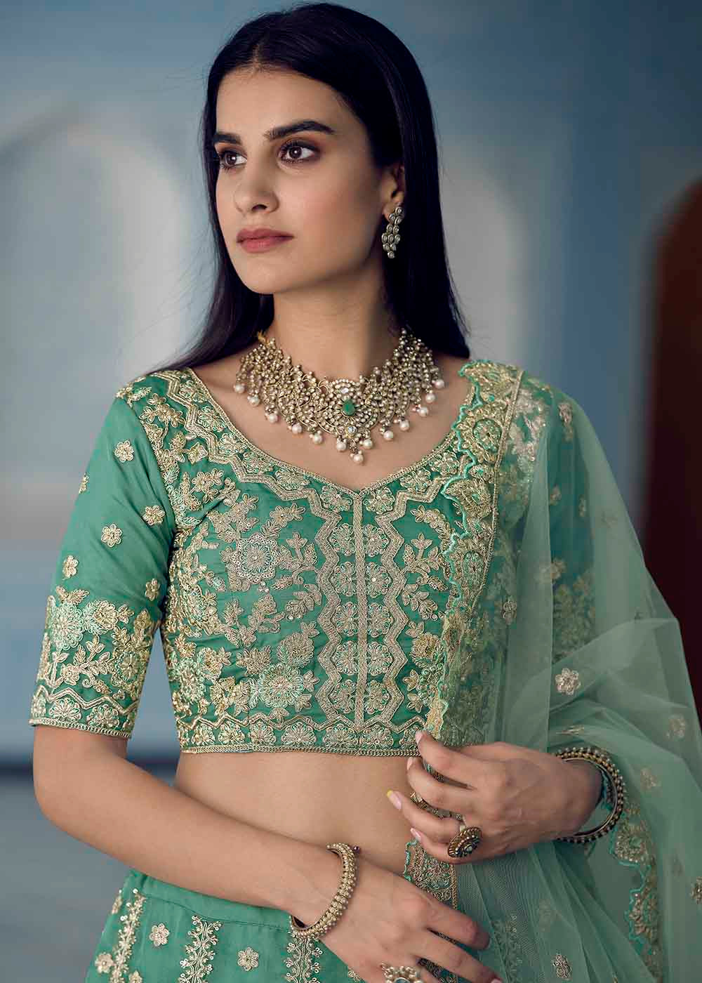 Patina Green Organza Lehenga Choli