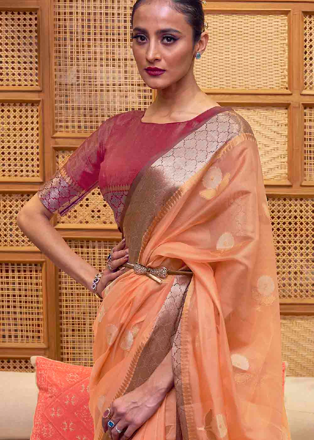 Sandy Orange Zari Woven Two Tone Organza Saree