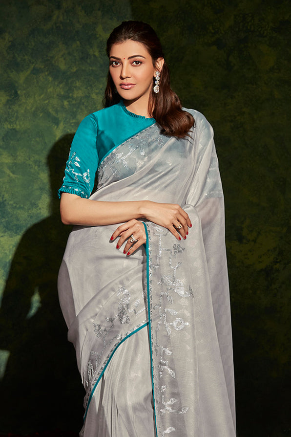 Ash Grey and Blue South Silk Saree