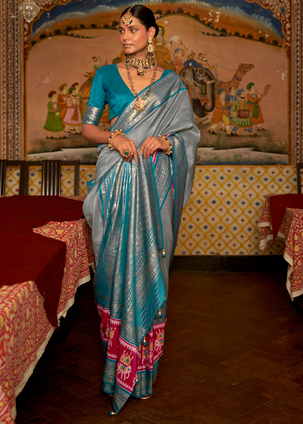 Natural Grey and Blue Banarasi Patola Saree