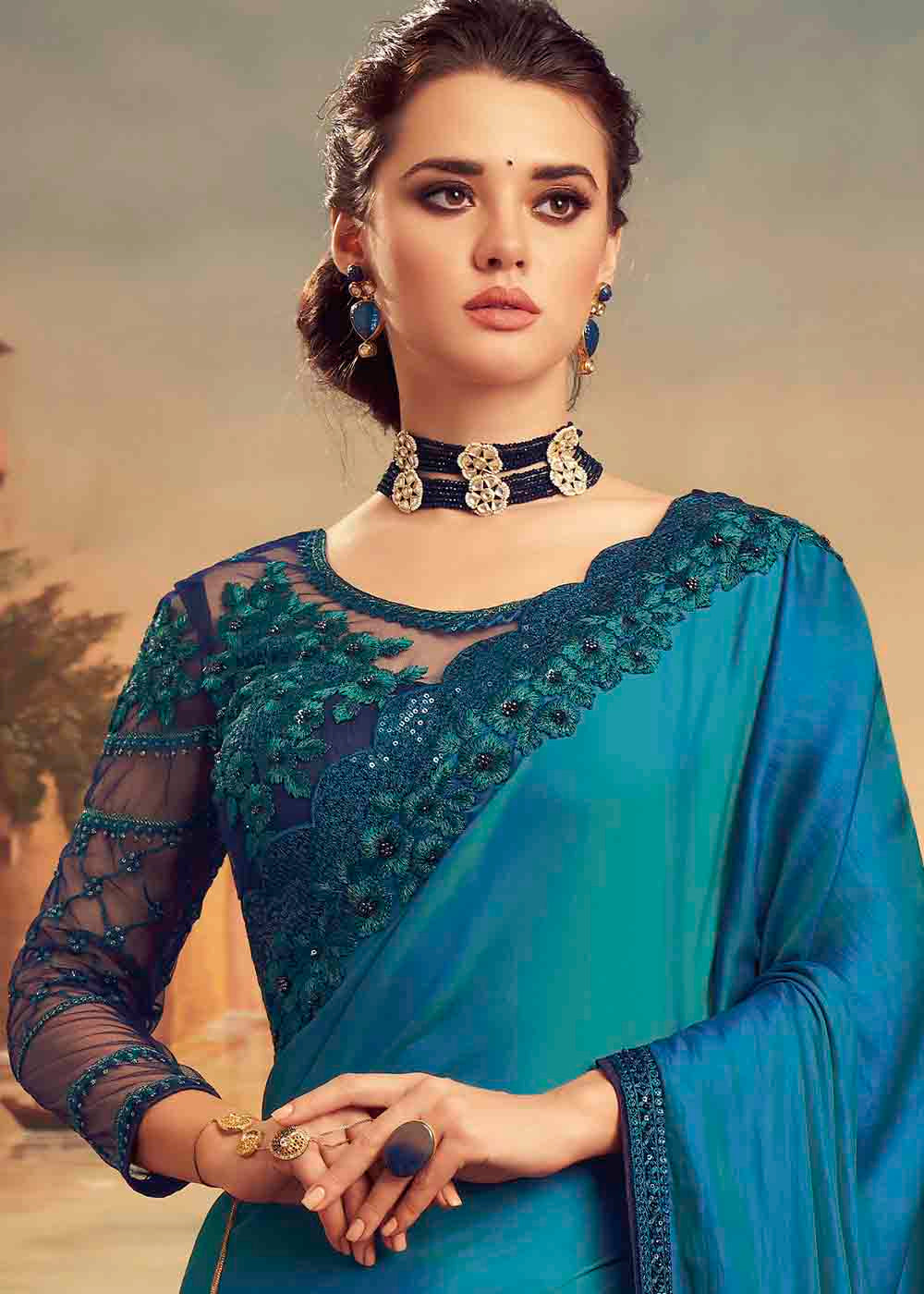 Calypso Blue Embroidered Satin Silk Designer Saree