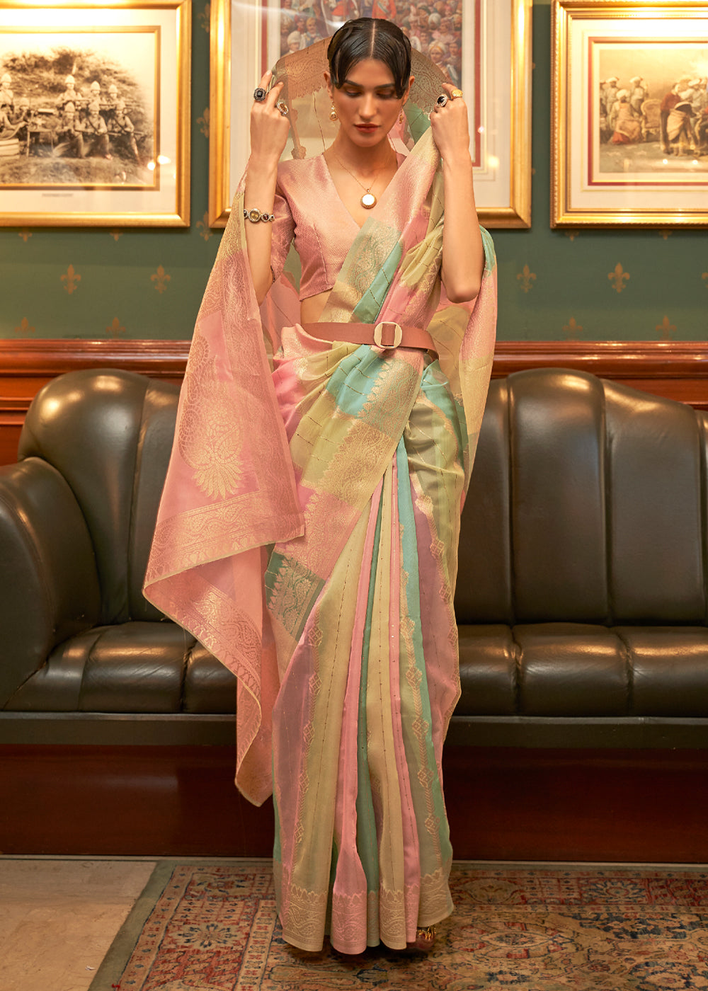 Apricot Pink and Blue Zari Woven Banarasi Organza Saree