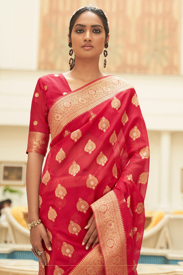 Chestnut Red Zari Woven Organza Silk Saree