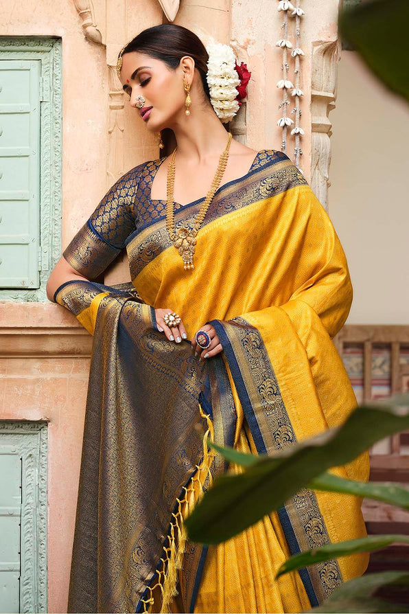 Bush Yellow and Blue Zari Woven Kanjivaram Saree