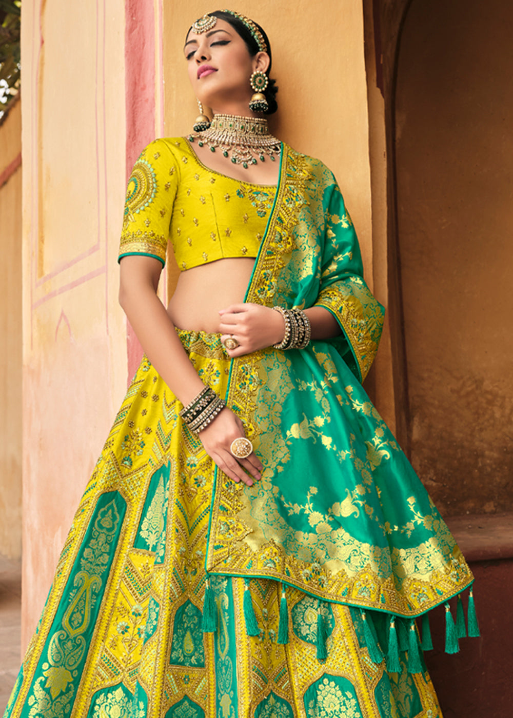 Pine Yellow and Blue Heavy Embroidered Lehenga