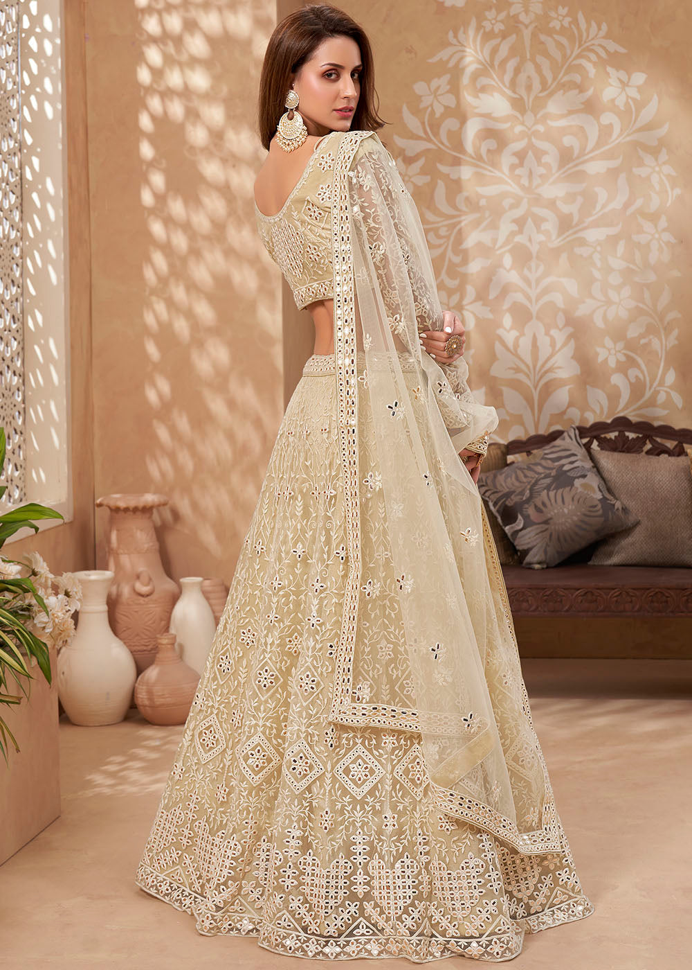 Pavlova Light Yellow Designer Net Lehenga with Multi Thread Embroidery Work