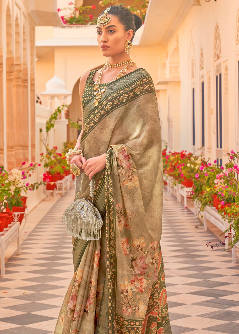 Deco Green Printed Chiffon Patola Silk Saree