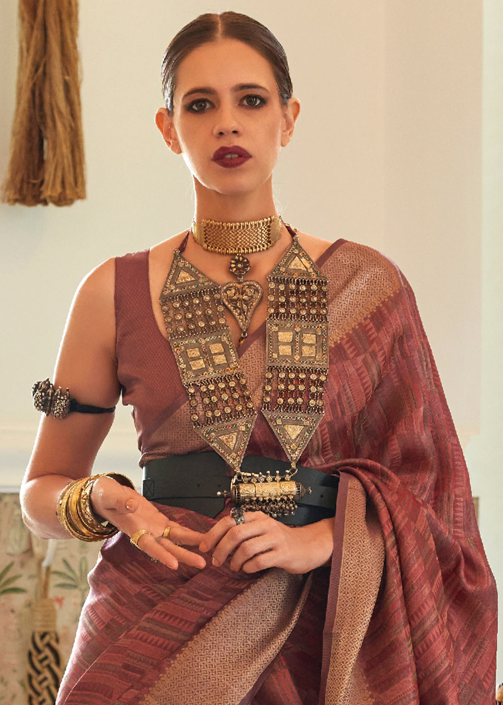 Sanguine Brown Handloom Organza Silk Saree by bollywood actress Kalki Koechlin