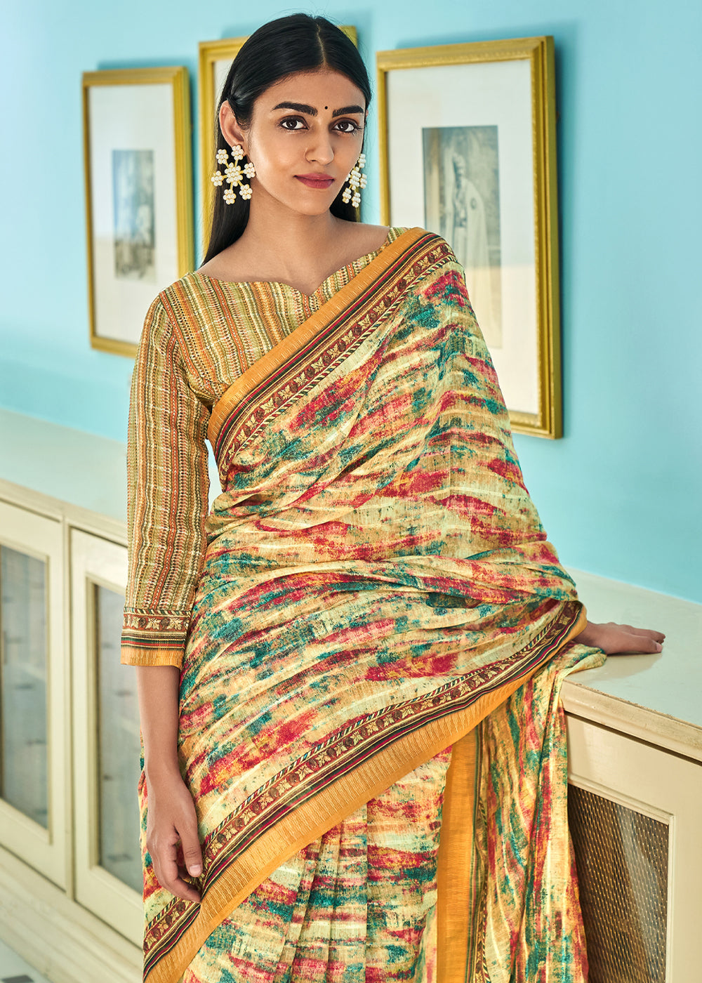 Harvest Yellow Printed Linen Saree