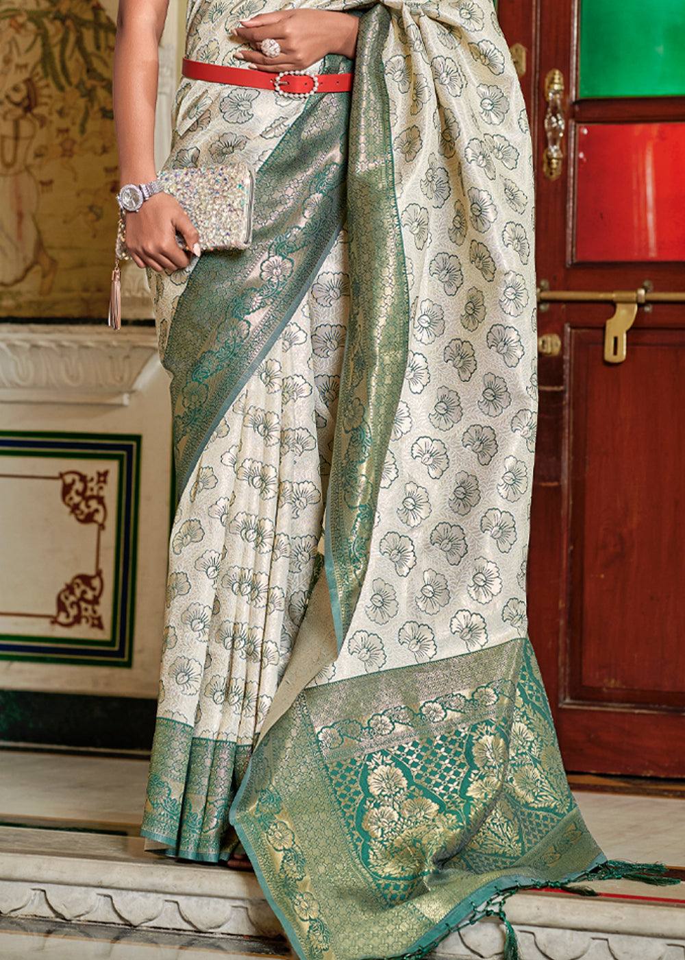 Satin Linen and Green Woven Banarasi Silk Saree