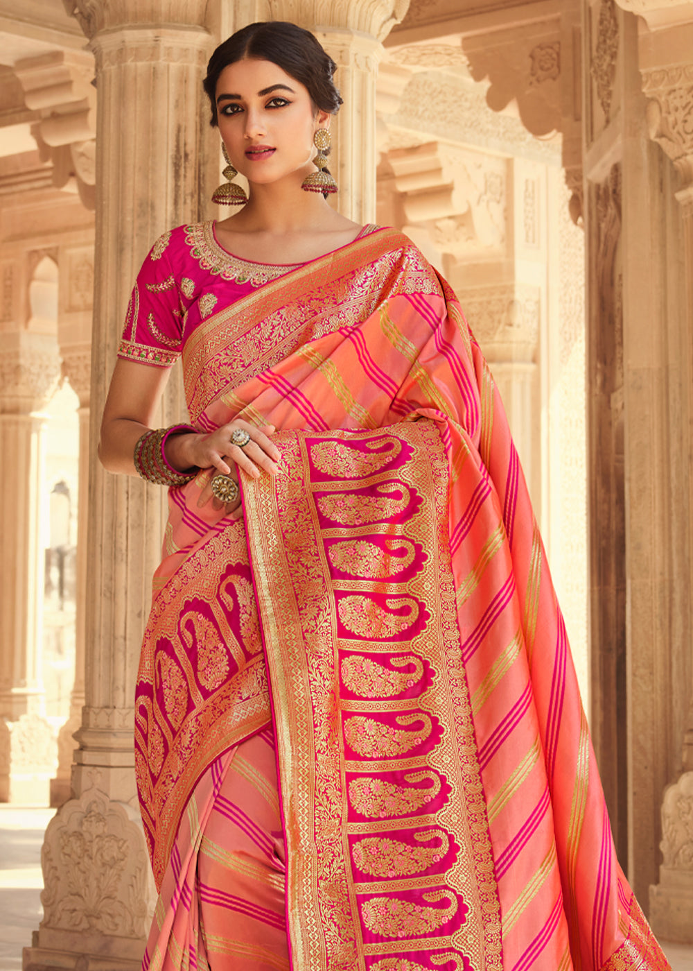 Salmon Pink and Orange Zari Woven Striped Banarasi Saree with Designer Blouse