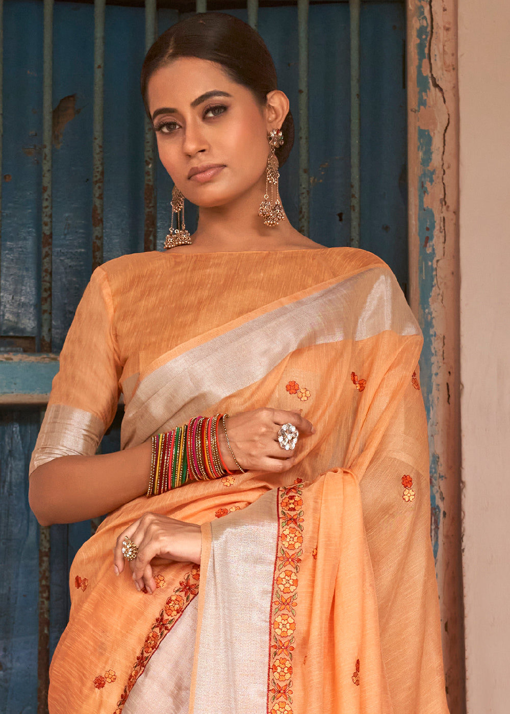 Flesh Orange Floral Embroidered Linen Saree