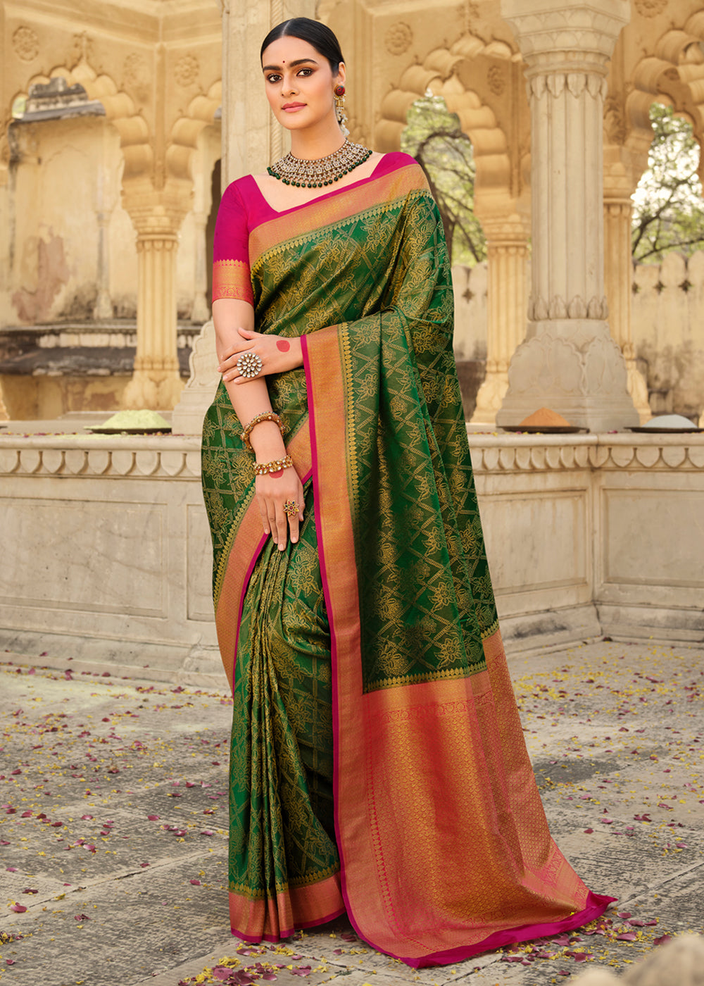 Thatch Green & Pink Zari Woven Kanjivaram Saree