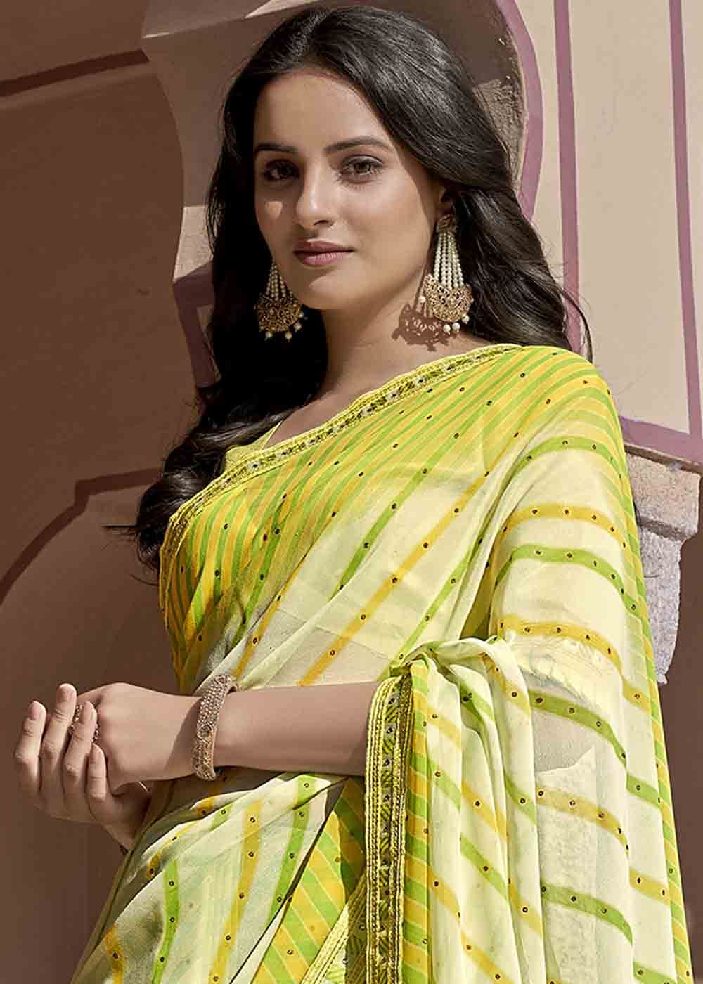 Turmeric Green Yellow Printed Georgette Saree