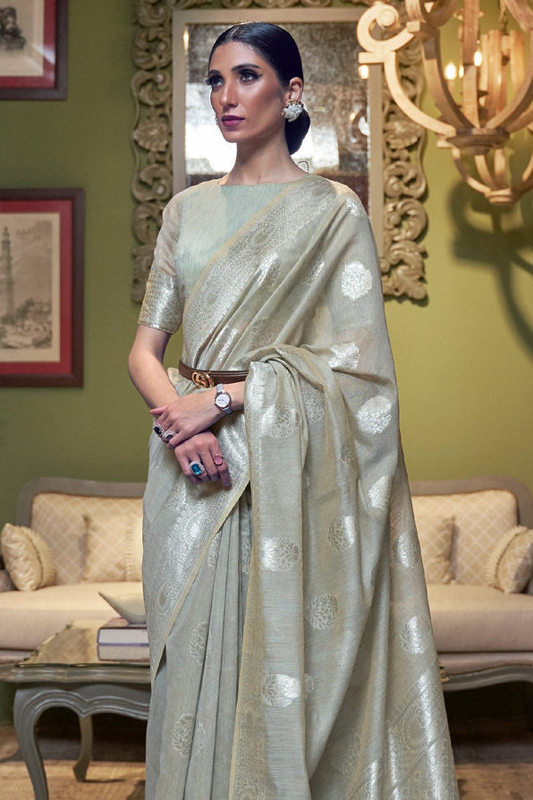 Brook Grey Zari Woven Linen Saree