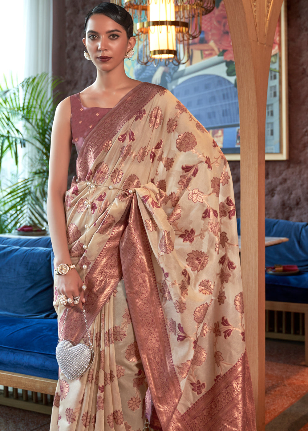 Brandy Cream and Brown Bronze Zari Organza Woven Silk Saree