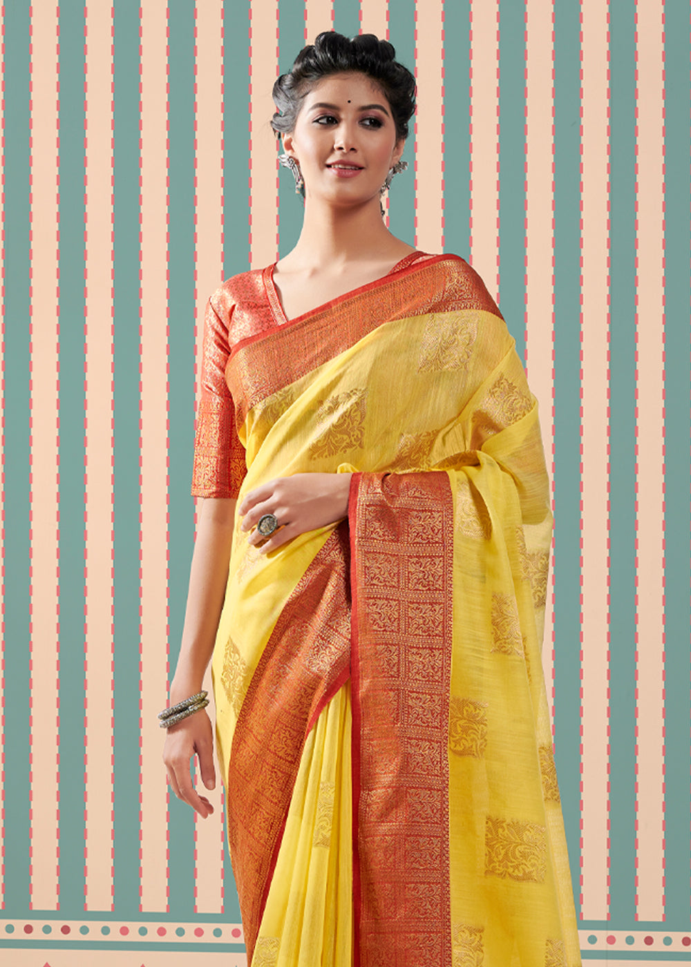 Ronchi Yellow Zari Woven Banarasi Brocade Linen Saree