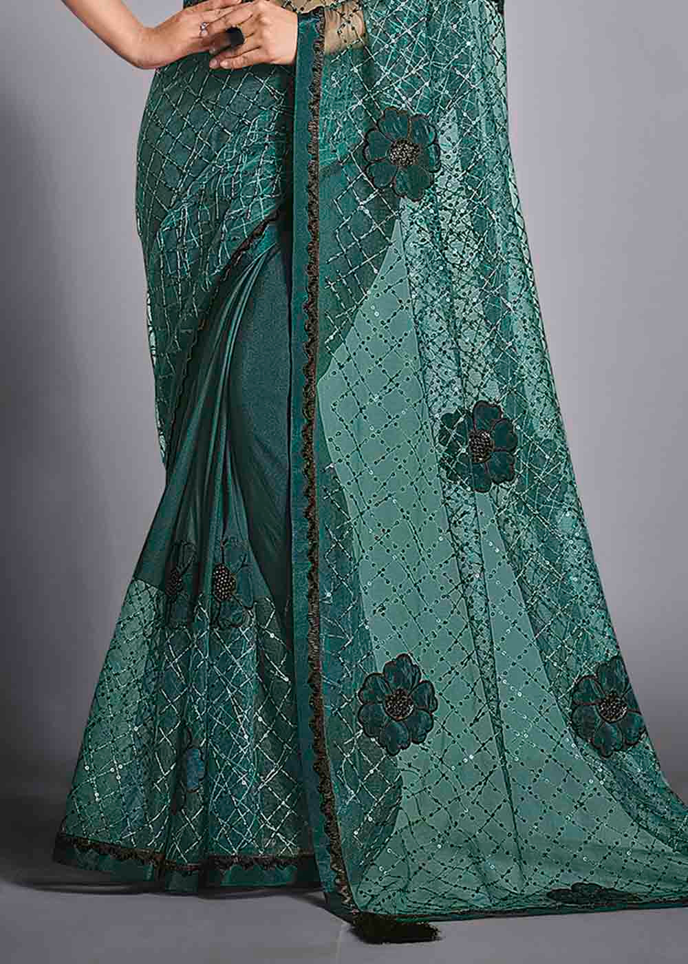 Steel Teal Green Designer Lycra Saree with Embroidery Work