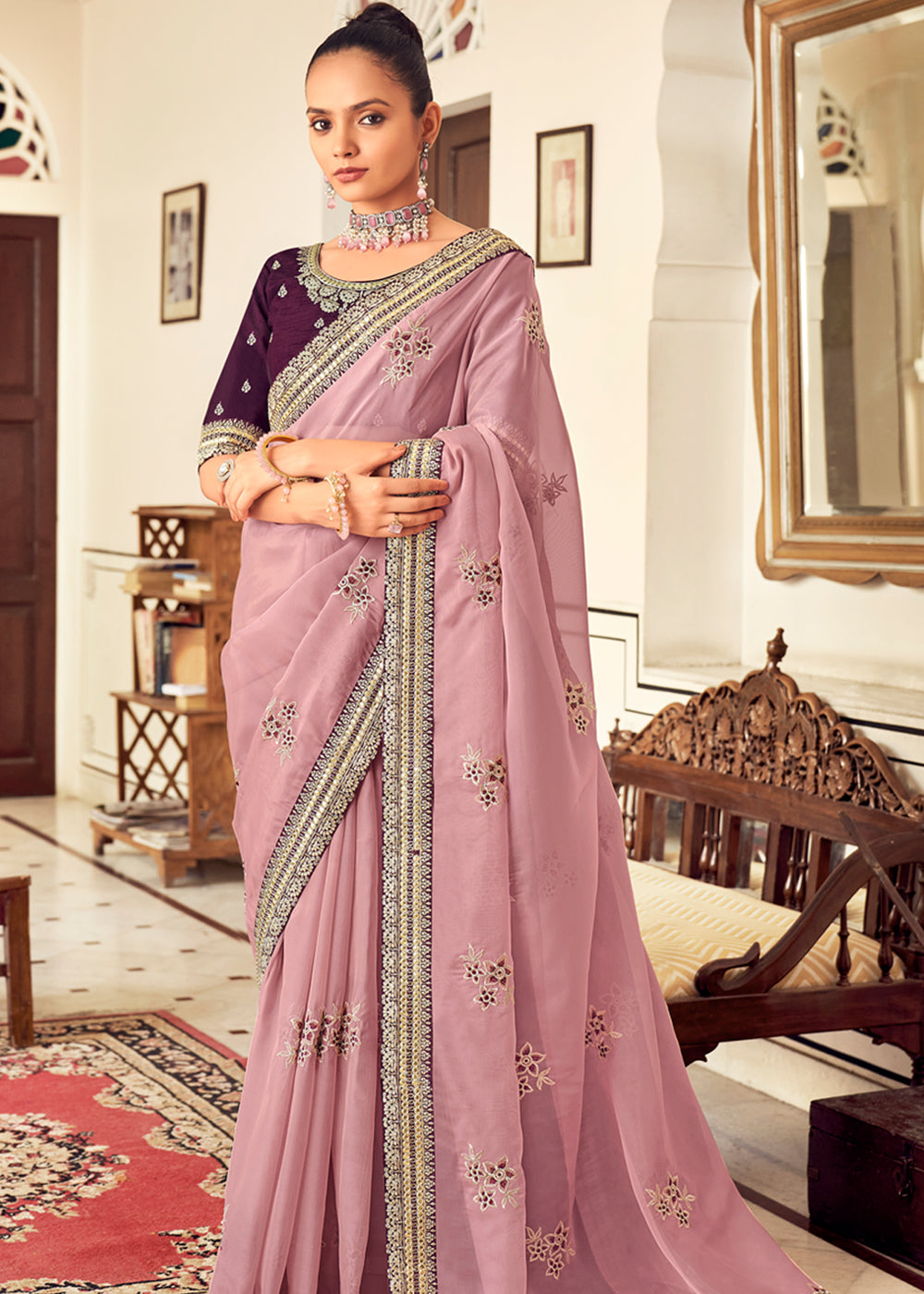 Puce Pink Woven Banarasi Georgette Silk Saree