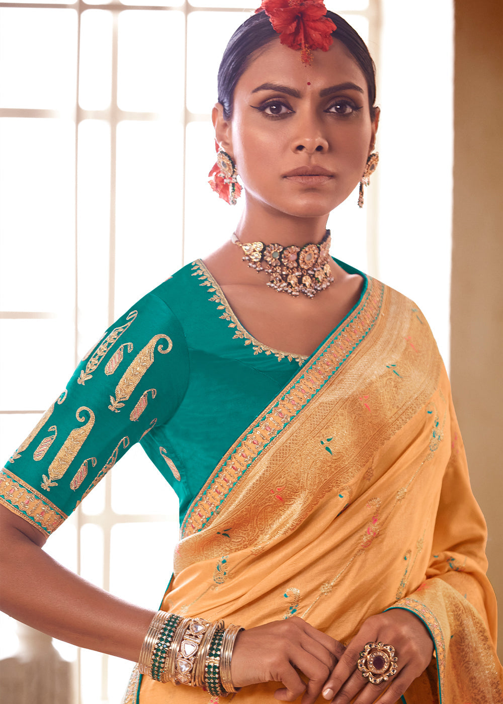 Sandy Orange and Green Banarasi Saree with Designer Blouse