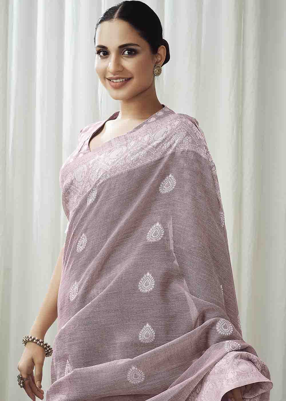 Dusty Purple Chikankari Linen Saree