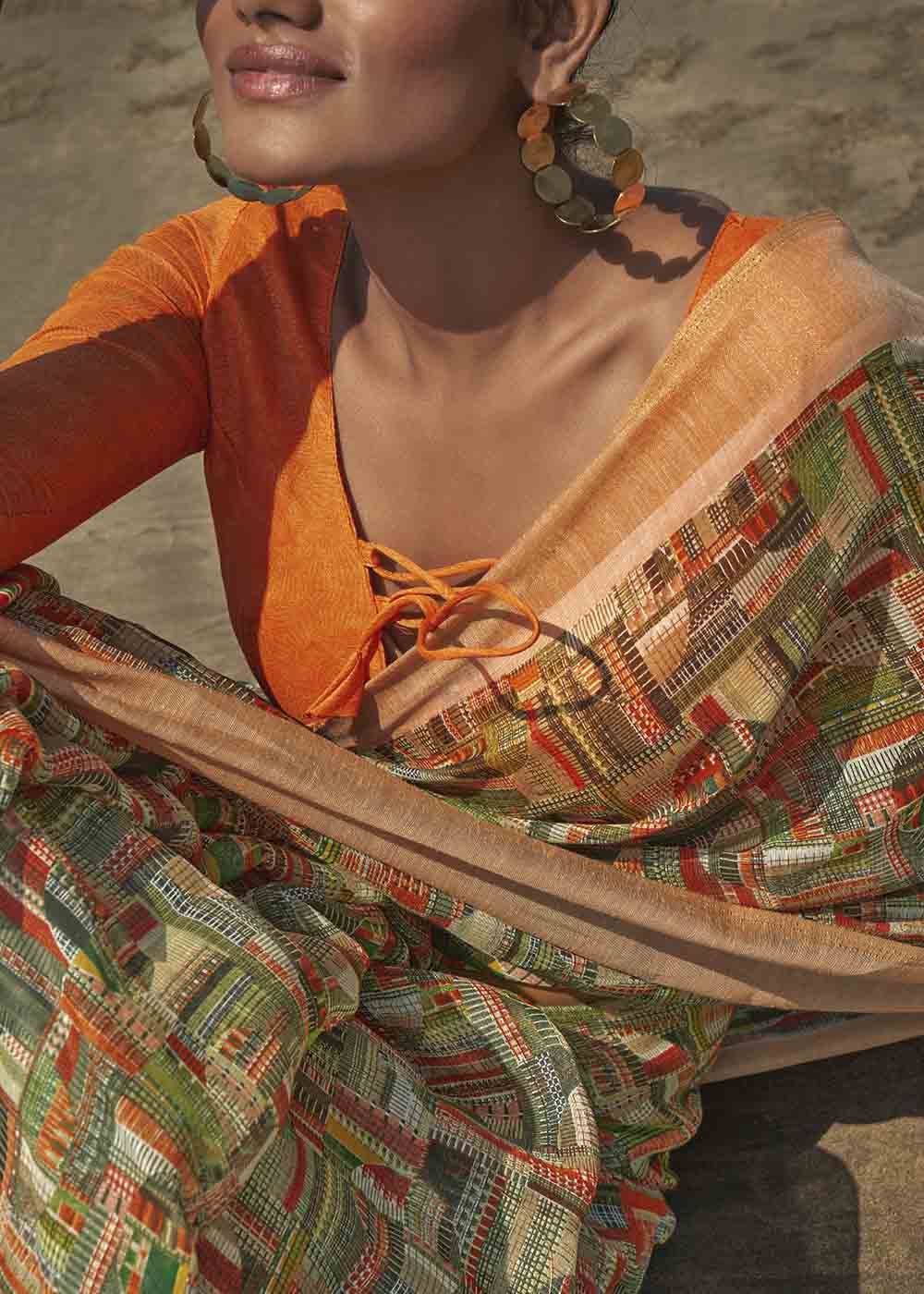 Green Smoke and Orange Printed Cotton Saree