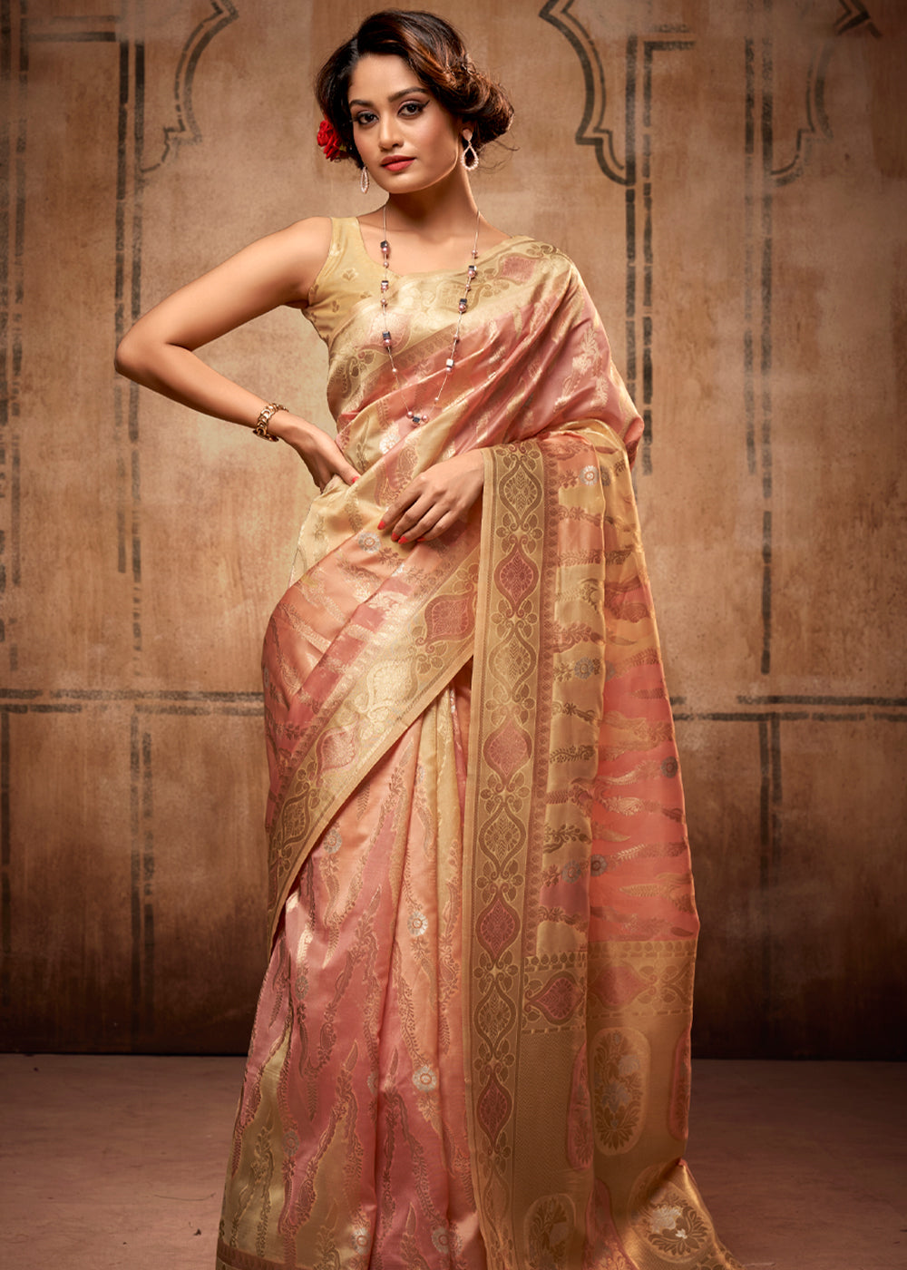 Flesh Peach Zari Woven Banarasi Organza Saree