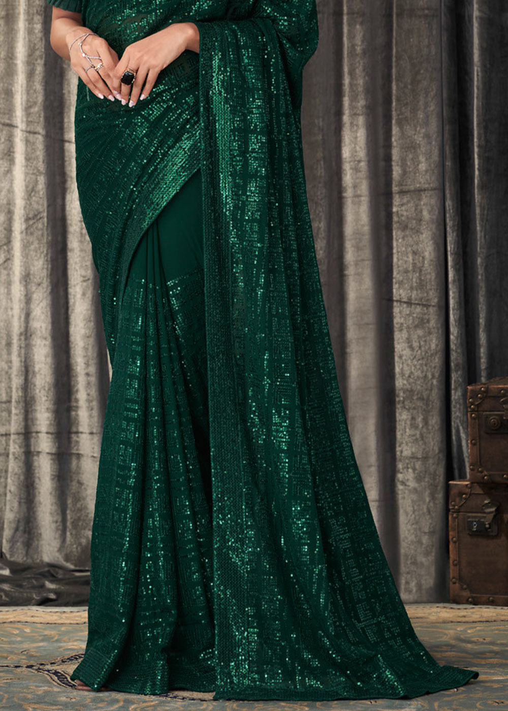 Gable Green Sequins Embroidered Designer Georgette Saree