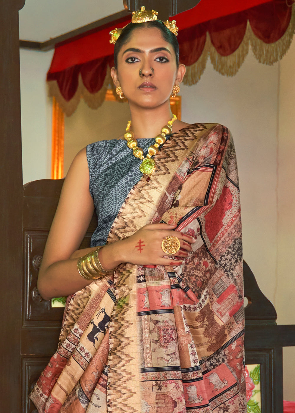 Copper Brown and Blue Digital Printed Silk Saree