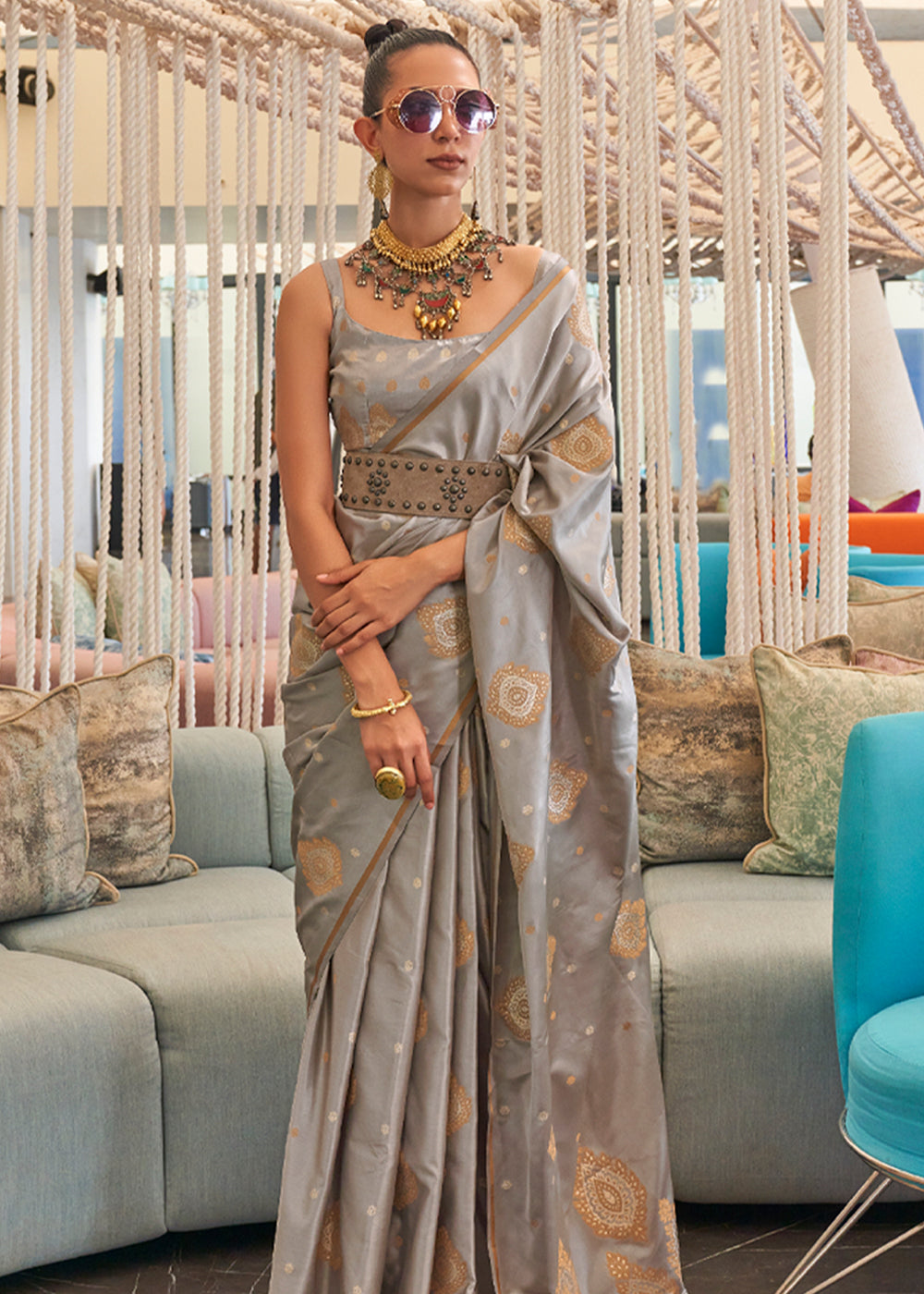 Sage Grey Bronze Zari Woven Satin Silk Saree