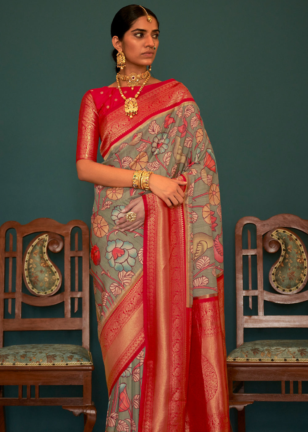 Norway Grey and Red Woven Banarasi Tussar Silk Kalamkari Saree