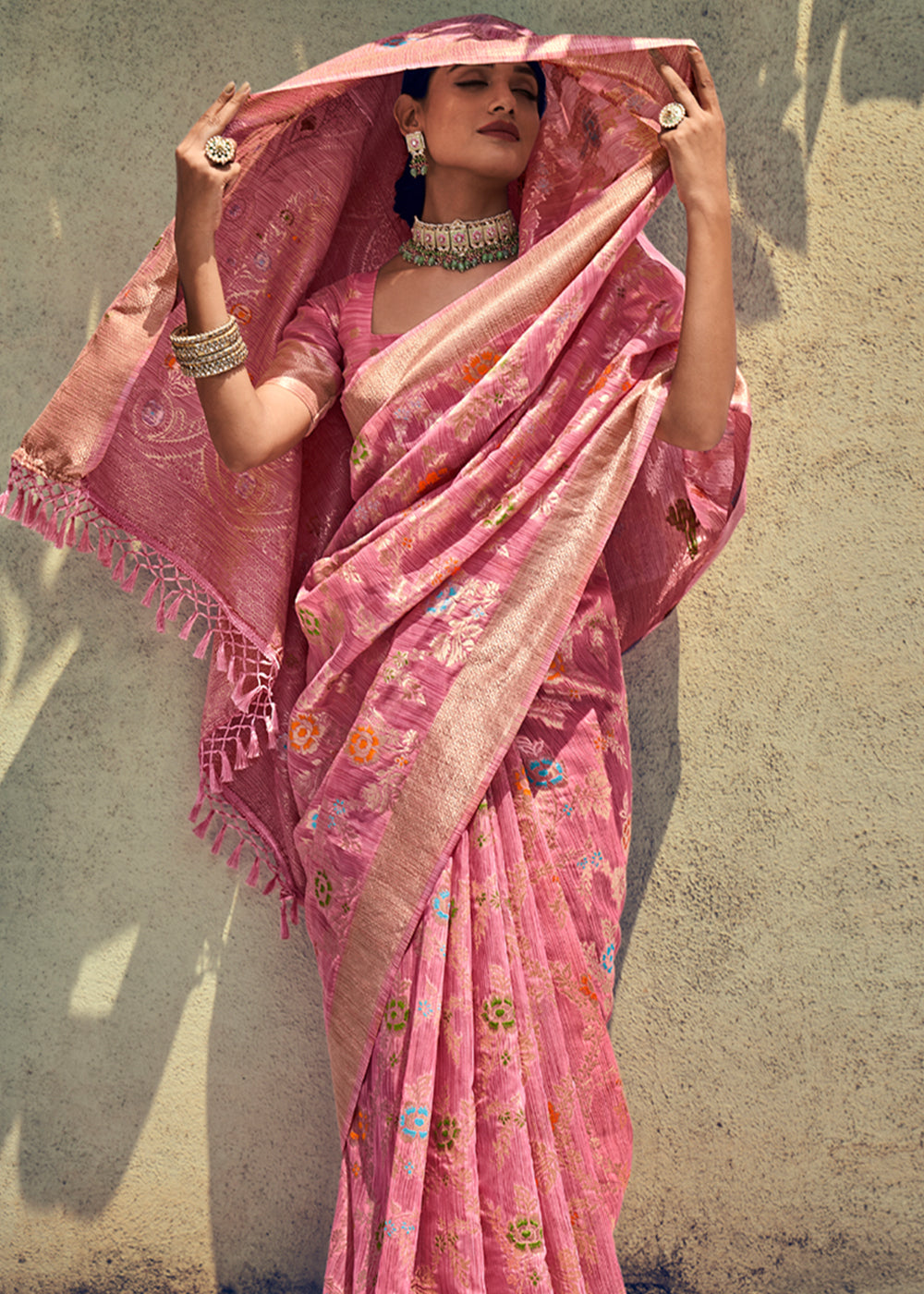 Cornflower Pink Zari Woven Banarasi Linen Saree