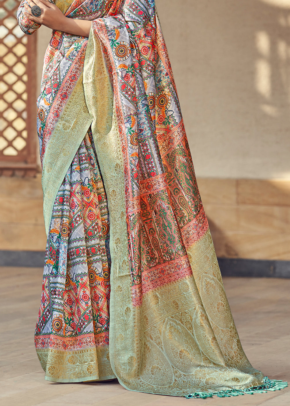 Santas Grey Multicolored Digital Printed Jacquard Silk Saree